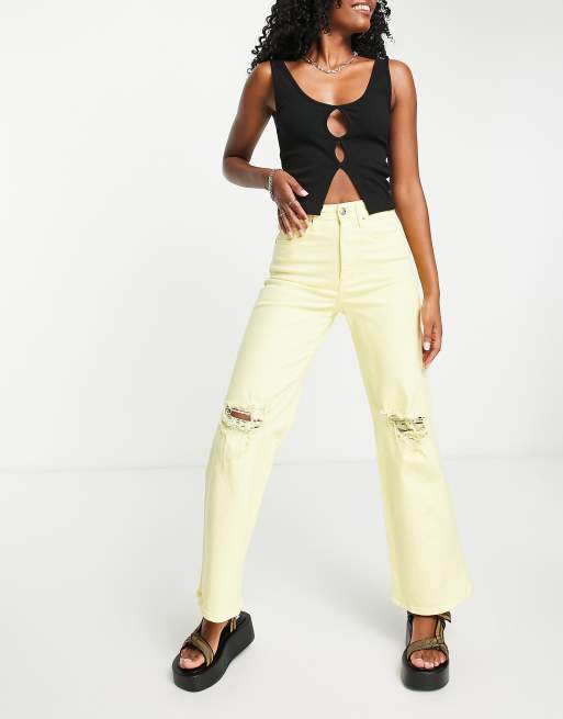 Only - Hope - Jeans a vita alta e fondo ampio giallo limone con strappi