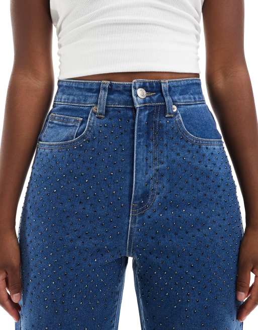 ONLY - Hope - Jeans met wijde pijpen en strass steentjes in middenblauw, 4 van 5