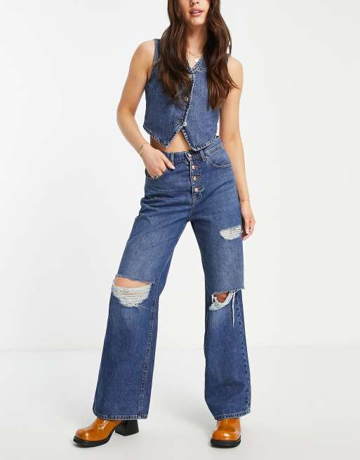 Only - Hope - Jeans met wijde pijpen, zichtbare knoopgulp en extreme scheuren in middenblauwe wassing