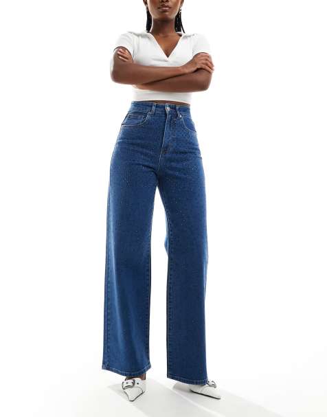 ONLY Hope wide leg jeans with rhinestones in mid blue