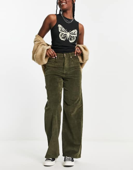 Only – Hope – Weite Hose aus Cord in Khaki mit hohem Bund