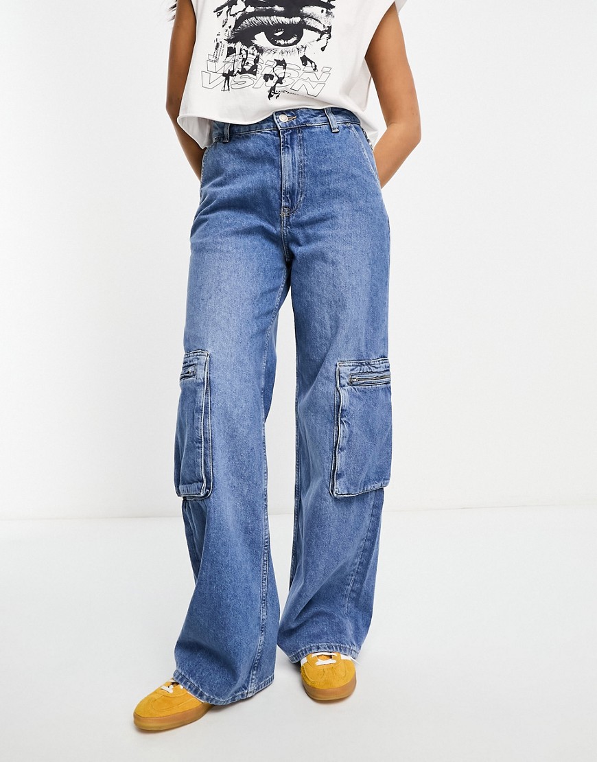 ONLY Hope wide leg cargo jeans in mid blue