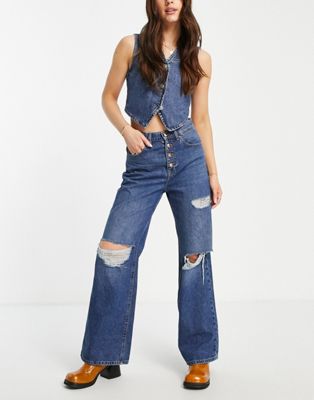 Only Hope wide leg jean with exposed buttons and extreme rips in mid blue wash - ASOS Price Checker