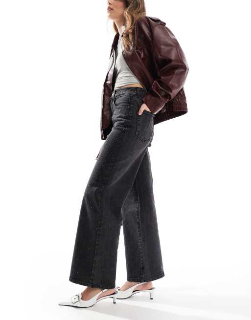 ONLY Hope wide leg jeans with rhinestones in washed black