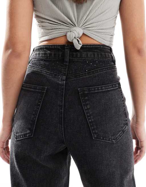 ONLY Hope wide leg jeans with rhinestones in washed black