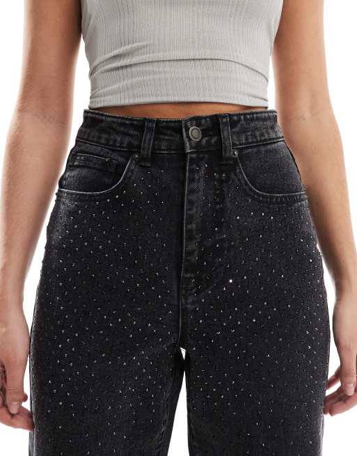 ONLY Hope wide leg jeans with rhinestones in washed black