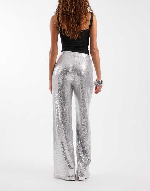 ONLY – Hose in Silber mit hohem Bund und Pailletten, 3 von 5