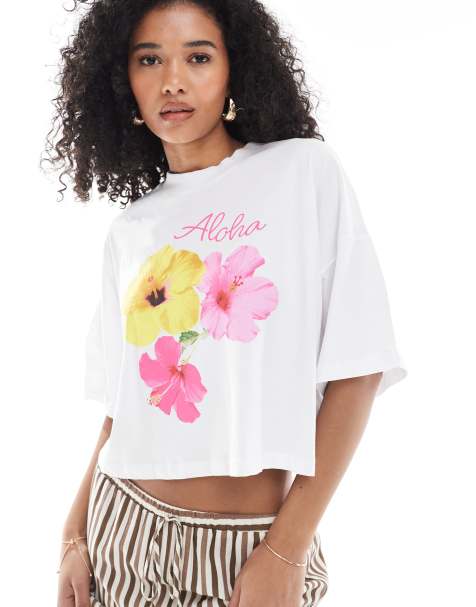 ONLY - Hvid cropped T-shirt med hibiscusgrafik - view 1