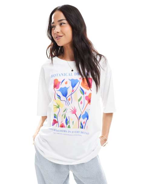 ONLY - Hvid oversized T-shirt med grafisk botanisk print - view 1