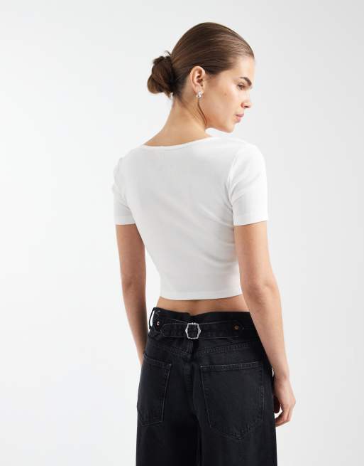 ONLY - Hvid ribstrikket cropped T-shirt med V-hals og rynkedetaljer, 3 af 4