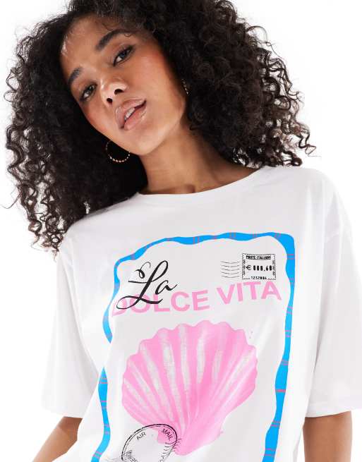 ONLY - Hvid T-shirt med 'Dolce Vita'-grafik i boyfriend fit, 3 af 4