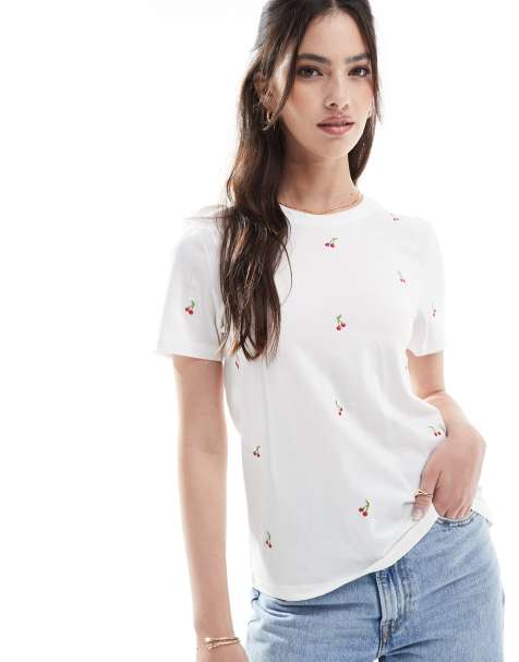 ONLY - Hvid T-shirt med rund hals og kirsebærbroderi - view 1