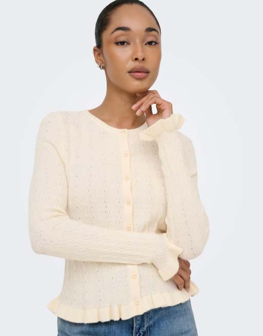 ONLY Ibi cardigan girocollo a maniche lunghe con volant bianco, 4 di 7