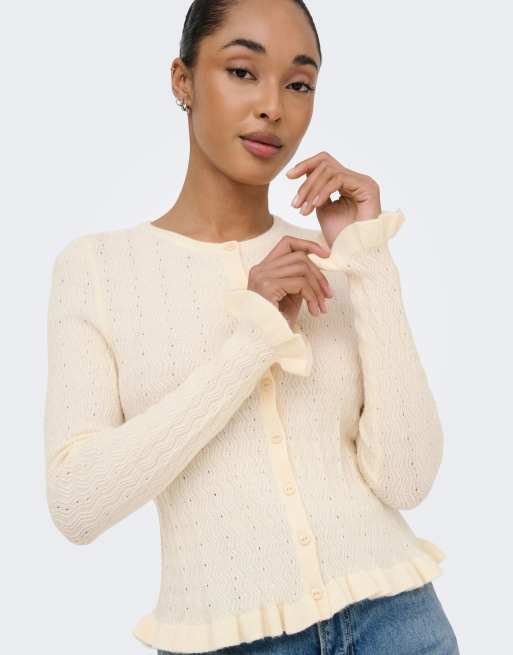 ONLY Ibi cardigan girocollo a maniche lunghe con volant bianco, 5 di 7