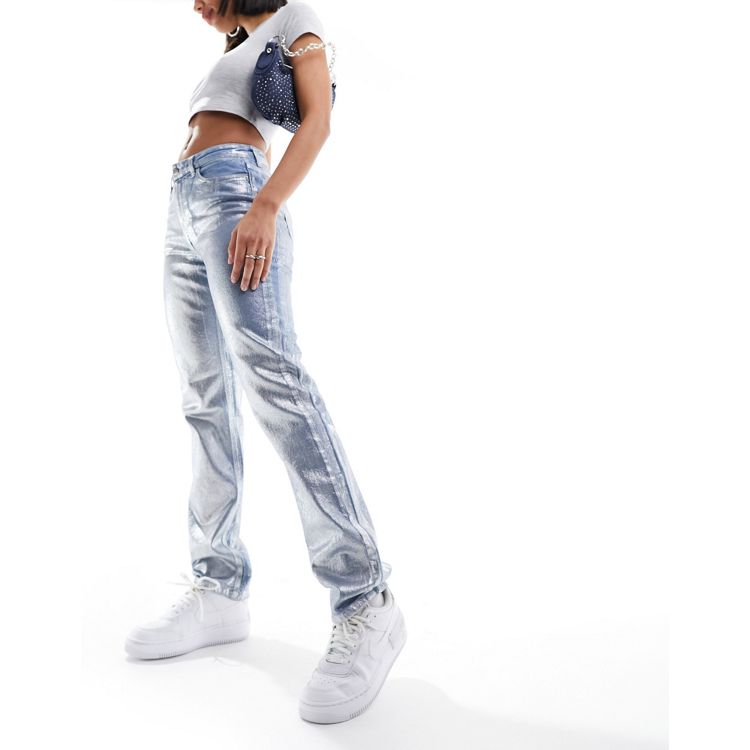 Only Jaci denim coated straight jeans in silver | ASOS