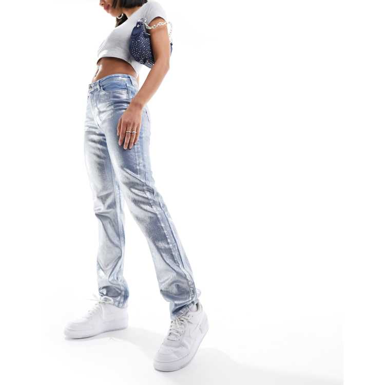 Only Jaci denim coated straight jeans in silver | ASOS