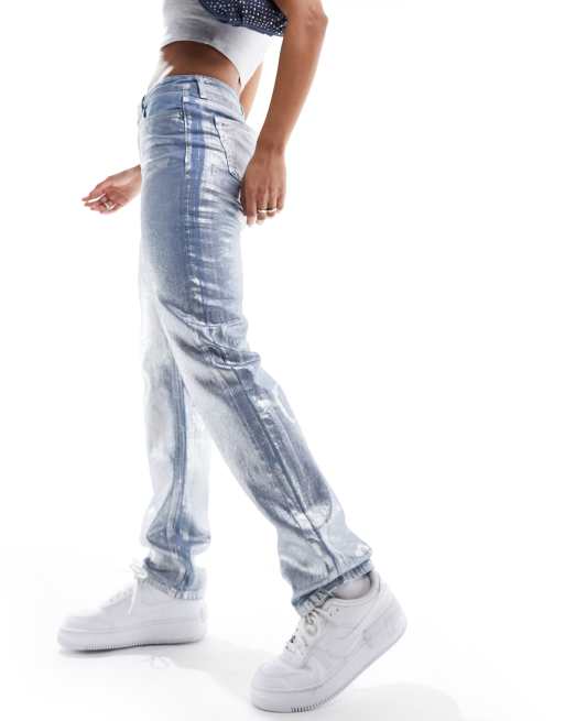 Only Jaci denim coated straight jeans in silver