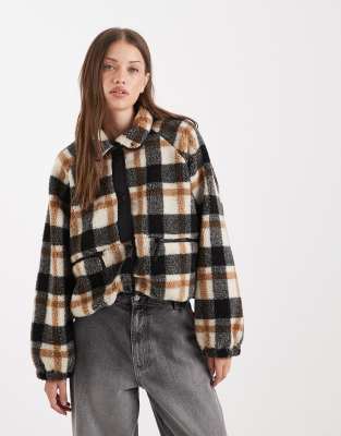 ONLY - Jacke aus Teddyfleece in beige kariert mit Kragendetails-Neutral