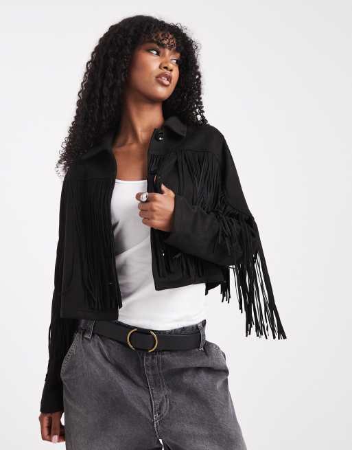 ONLY – Jacke aus Wildlederimitat in Schwarz mit Fransenverzierung