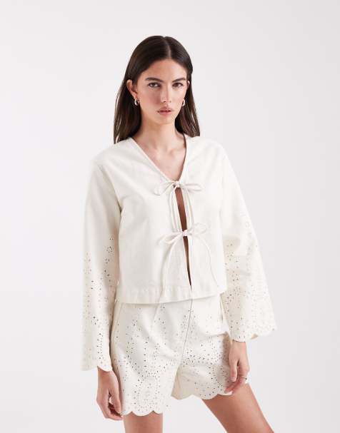 ONLY – Jacke in Ecru mit gebundener Vorderseite und Häkeldetail, Kombiteil - view 1