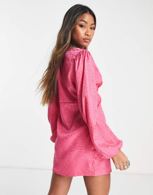 Only - Jacquard-minikjole med dyb udskæring i lys pink satin , 2 af 4