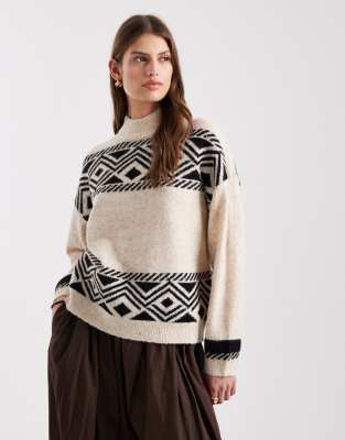 Only Jacquard Print High Neck Sweater In Neutral