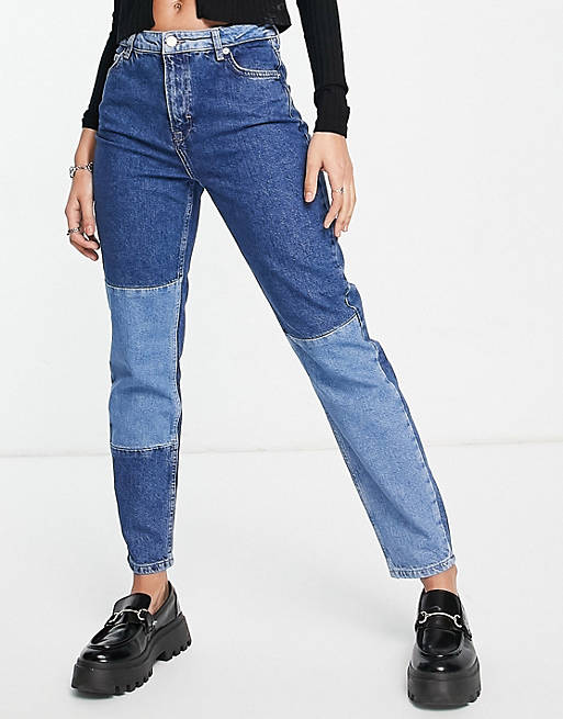 Only Jagger patchwork straight leg jeans in mid blue wash