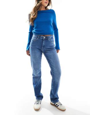 ONLY Jane mid waist straight leg jeans in mid blue wash