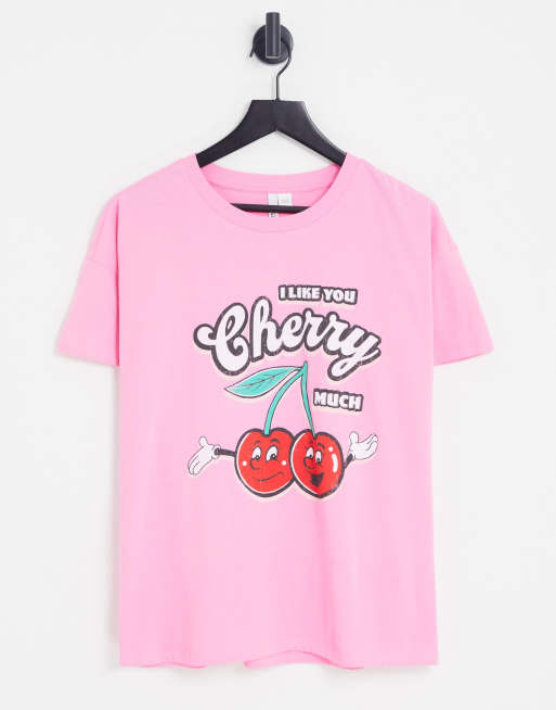 Only – Jaskraworóżowy T-shirt z napisem „I like you cherry much”