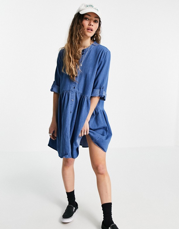  Najwyższa Jakość Only – Jasnoniebieska jeansowa sukienka koszulowa o długości mini ze stÓjką Błękitne