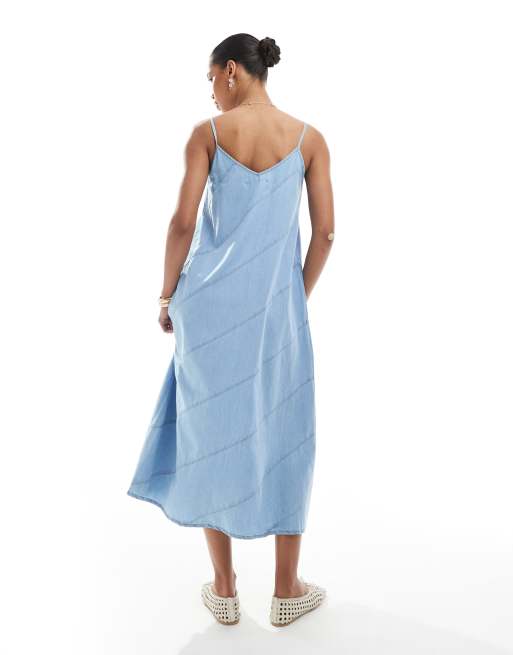 ONLY – Jasnoniebieska sukienka midaxi na ramiączkach z tkaniny chambray, 4 z 4