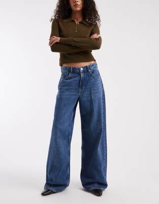 Jean ample doux à taille haute - Bleu moyen M L32
