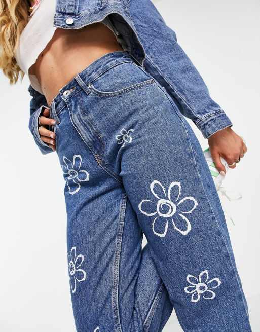 Only Jean droit taille haute imprim fleurs Bleu clair ASOS