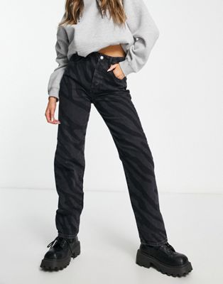 Only high waisted straight leg jeans in dark grey zebra print - ASOS Price Checker