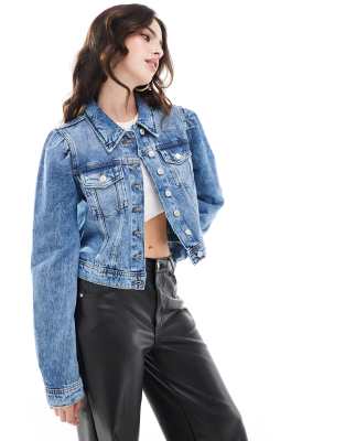 ONLY - Jeansjacke in Mittelblau mit Puffärmeln