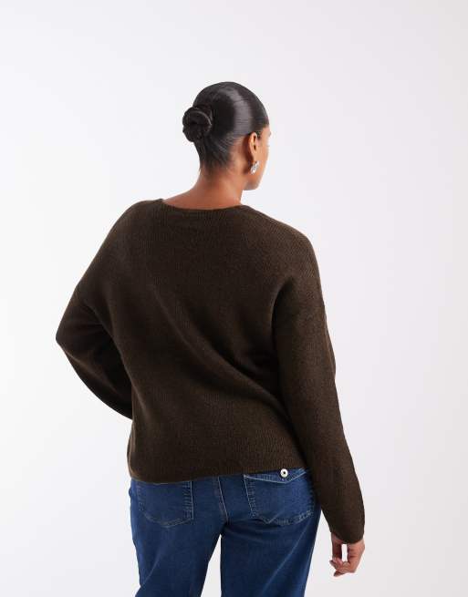ONLY - Jersey de cuello de pico Curve en marrón oscuro, 3 de 4
