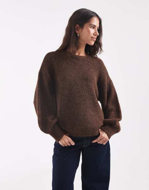 ONLY - jersey de punto con cuello redondo en marrón oscuro - view 1