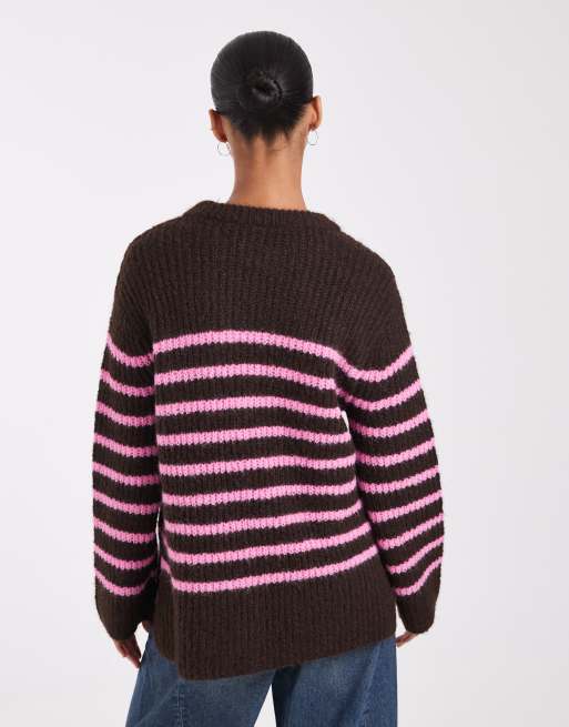 ONLY jersey de punto extragrande a rayas marrones y rosas, 3 de 4