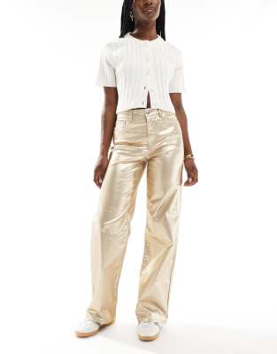 ONLY - Jucy - Weit geschnittene Jeans in Metallic-Gold mit hohem Bund-Goldfarben