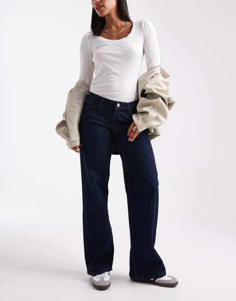 ONLY - Judy - Jeans met wijde pijpen en lage taille in donkerblauwe spoeling - view 1