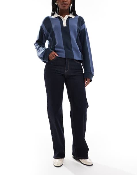 ONLY Juicy high waist wide leg jeans in dark blue