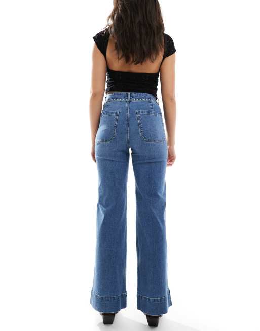 ONLY Juicy high rise wide leg jeans with stud in light wash, 2 of 5