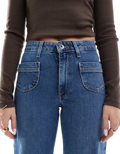 ONLY – Juicy – Jeans in mittelblauer Waschung mit hohem Bund, weitem Bein und Taschendetail