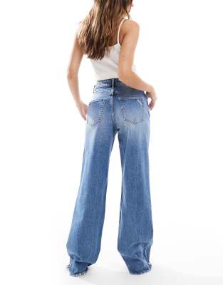 Only Juicy High Waist Wide Leg Raw Hem Distressed Jeans In Blue