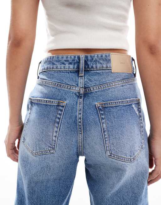 ONLY Juicy high waist wide leg raw hem distressed jeans in mid blue denim