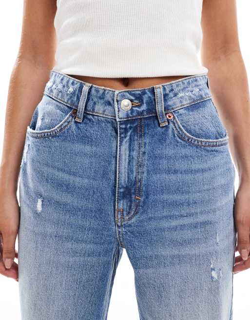 ONLY Juicy high waist wide leg raw hem distressed jeans in mid blue denim