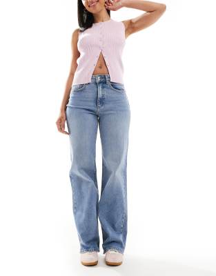 Only Juicy High Waisted Wide Leg Jeans In Mid Blue