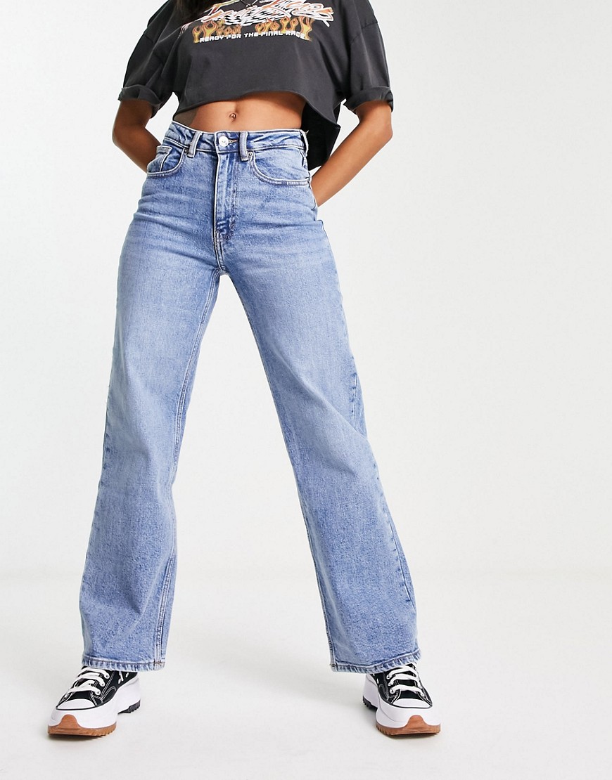 ONLY Juicy high waisted wide leg jeans in mid blue