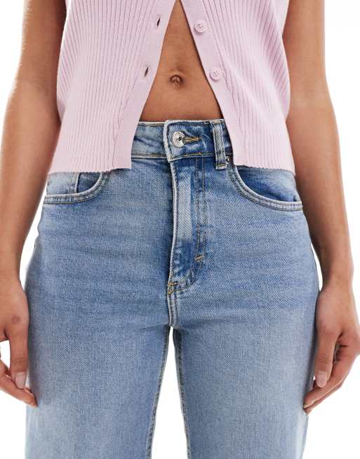 ONLY Juicy high waisted wide leg jeans in mid blue 