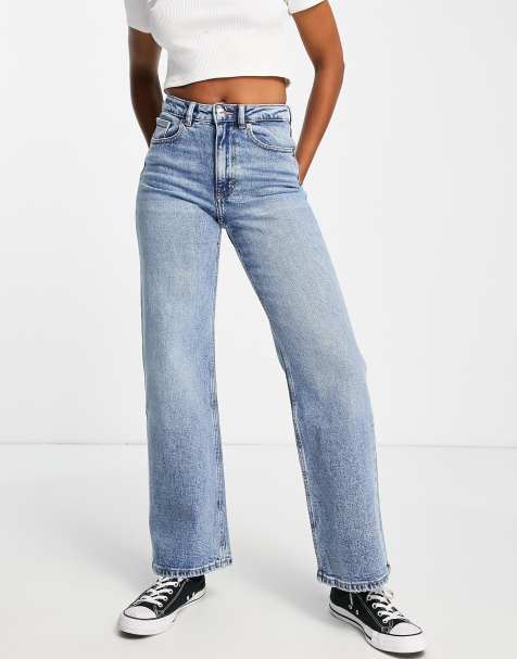 ONLY Juicy low waist wide leg jean in mid blue wash  